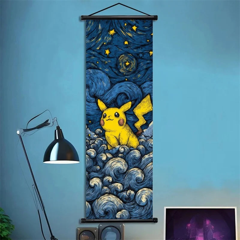 Pokémon Scroll Art Cloth Bulbasaur Pikachu Charmander Starry Night Style Cartoon Wall Hanging Poster Home Collection & Gifts