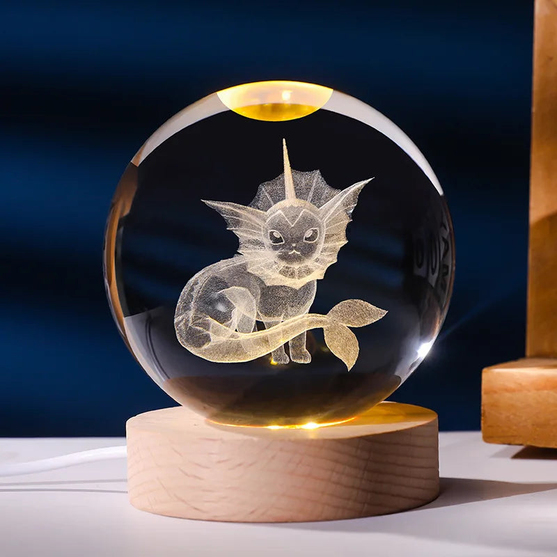 Pokemon 6cm 3D Crystal Ball Gengar Pikachu Rayquaza Planet Night Light Laser Carving Glass Poke Ball Statue Children's Gifts
