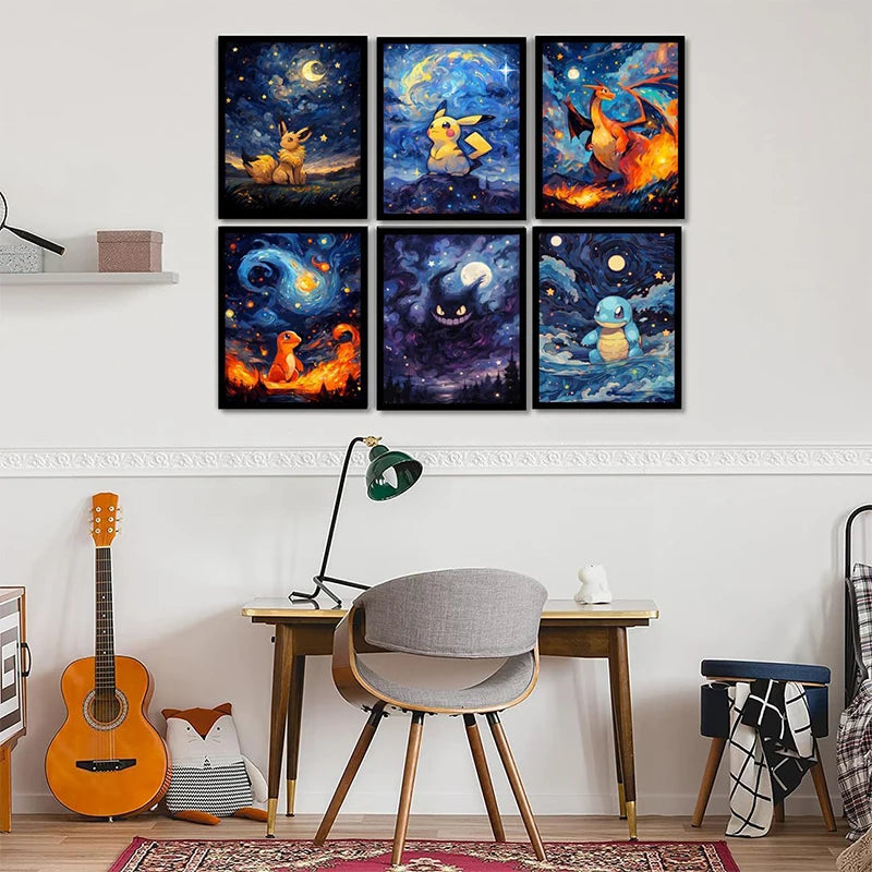 Pokemon Anime Canvas PaintingCharizard Pikachu Gengar Eevee Squirtle Poster Print Mural Picture Wall Art Home Decor Gift Cuadros
