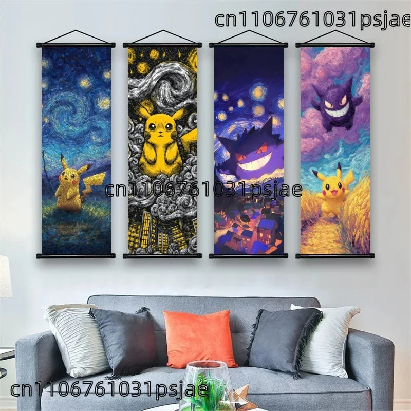 Pokémon Scroll Art Cloth Bulbasaur Pikachu Charmander Starry Night Style Cartoon Wall Hanging Poster Home Collection & Gifts