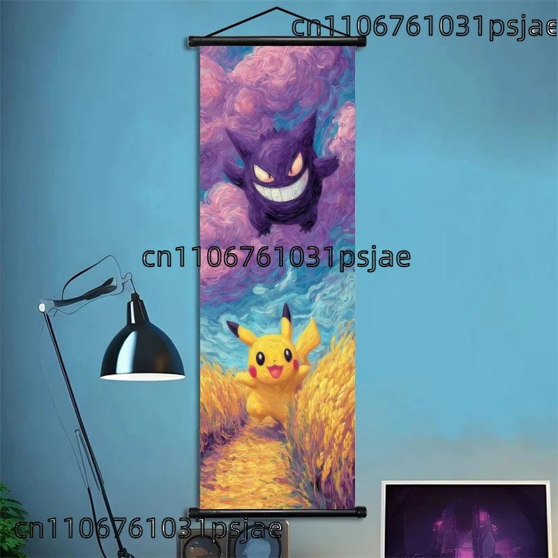 Pokémon Scroll Art Cloth Bulbasaur Pikachu Charmander Starry Night Style Cartoon Wall Hanging Poster Home Collection & Gifts