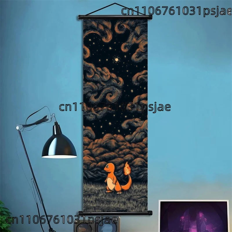 Pokémon Scroll Art Cloth Bulbasaur Pikachu Charmander Starry Night Style Cartoon Wall Hanging Poster Home Collection & Gifts