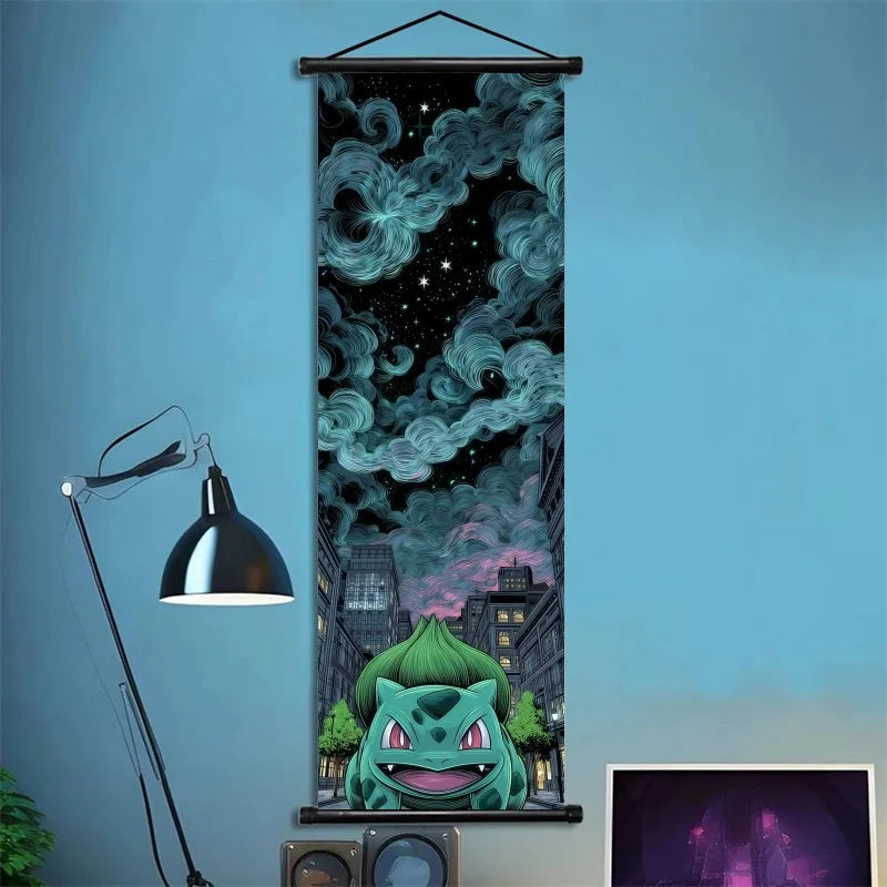 Pokémon Scroll Art Cloth Bulbasaur Pikachu Charmander Starry Night Style Cartoon Wall Hanging Poster Home Collection & Gifts