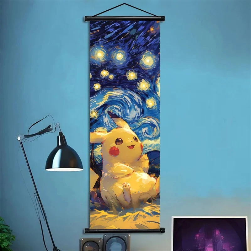 Pokémon Scroll Art Cloth Bulbasaur Pikachu Charmander Starry Night Style Cartoon Wall Hanging Poster Home Collection & Gifts