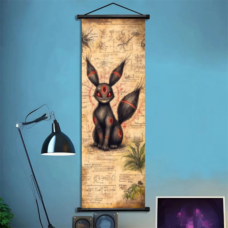 Pokemon Retro Charizard Bulbasaur Umbreon Gengar Scroll Art Cloth Anime Characters Wall Hanging Poster Halloween Xmas Decor