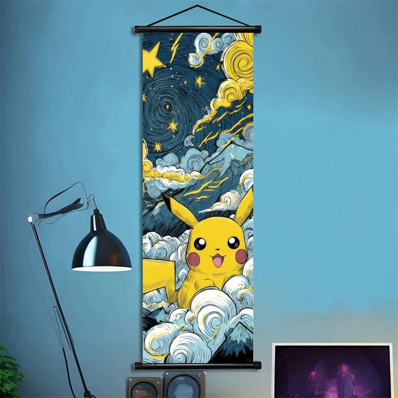 Pokémon Scroll Art Cloth Bulbasaur Pikachu Charmander Starry Night Style Cartoon Wall Hanging Poster Home Collection & Gifts