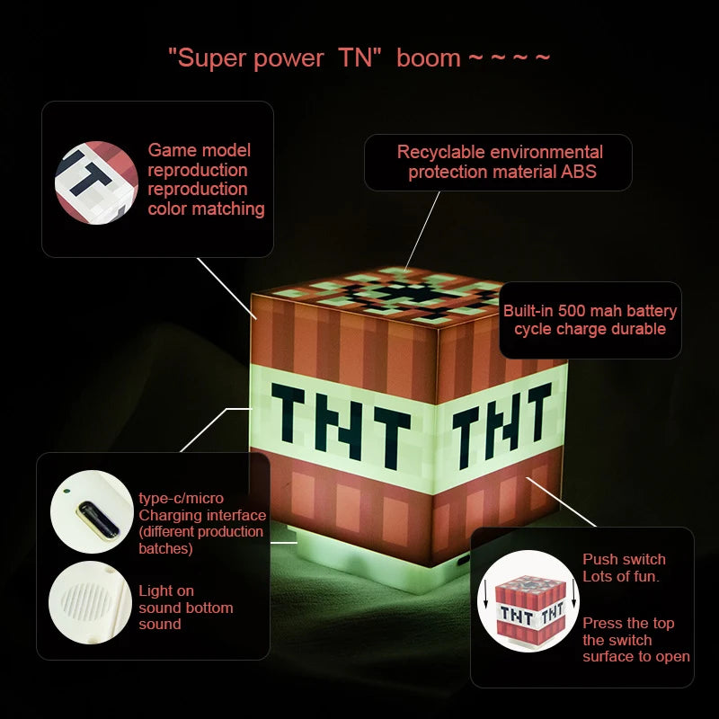 MC Game TNT Light with Official Game Sounds Handheld Night Light & Fun Pixelated Toy for Kids My World Room Decor