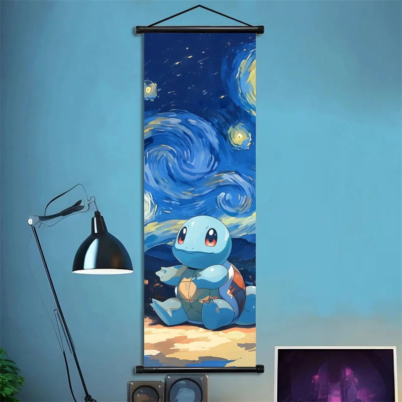 Pokémon Scroll Art Cloth Bulbasaur Pikachu Charmander Starry Night Style Cartoon Wall Hanging Poster Home Collection & Gifts