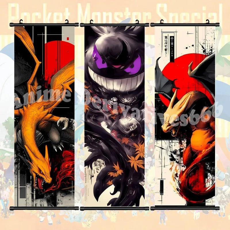 Printed Pokemon Poster Anime Wall Artwork Gengar Pictures Charizard Painting Canvas Pikachu Hanging Scrolls Home Room Decor