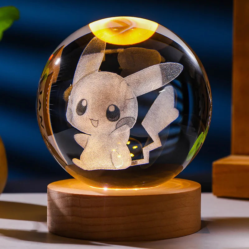 Pokemon 6cm 3D Crystal Ball Gengar Pikachu Rayquaza Planet Night Light Laser Carving Glass Poke Ball Statue Children's Gifts