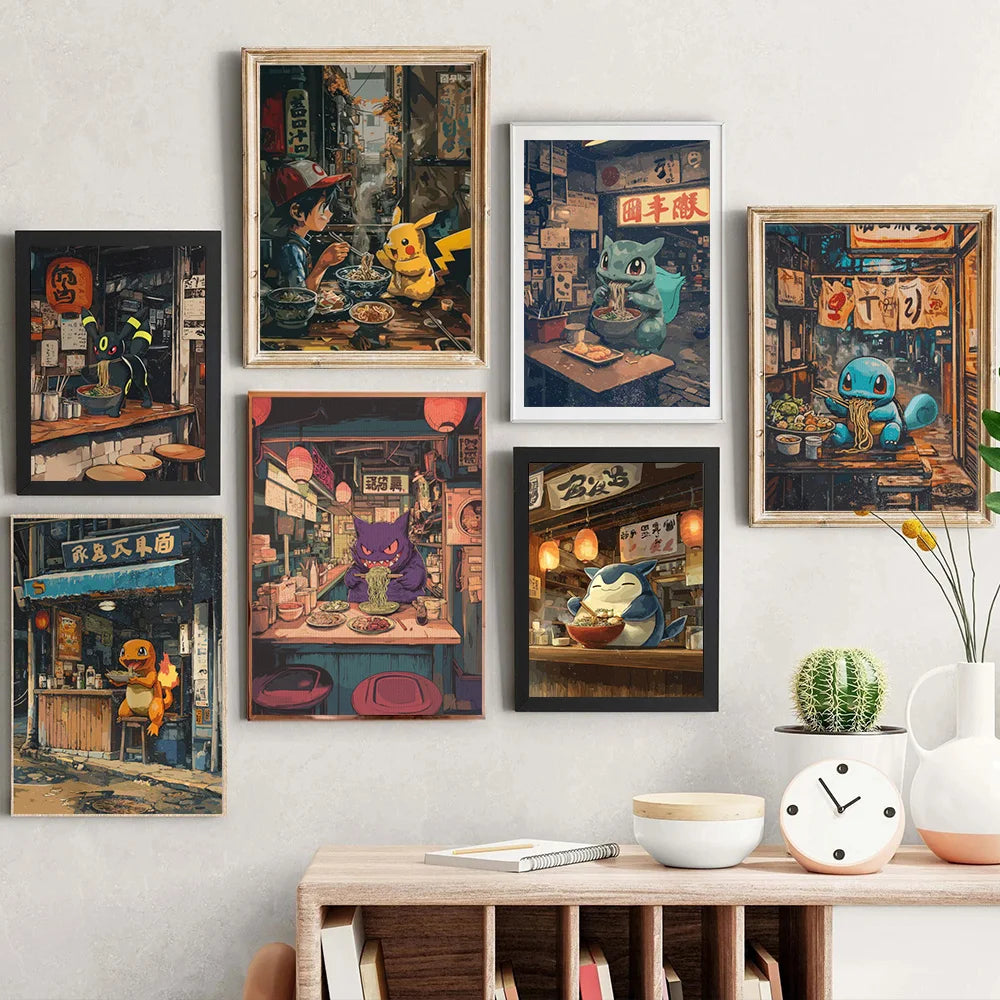 P-Pokemon Japanese Anime Canvas Painting Kawaii Elf Pets HD Poster Retro Bar Noodle Room Living Room Home Mural Decor Kids Gifts