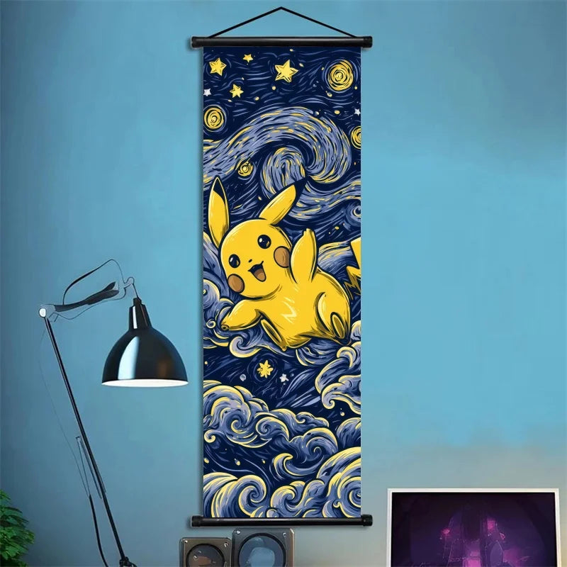 Pokémon Scroll Art Cloth Bulbasaur Pikachu Charmander Starry Night Style Cartoon Wall Hanging Poster Home Collection & Gifts