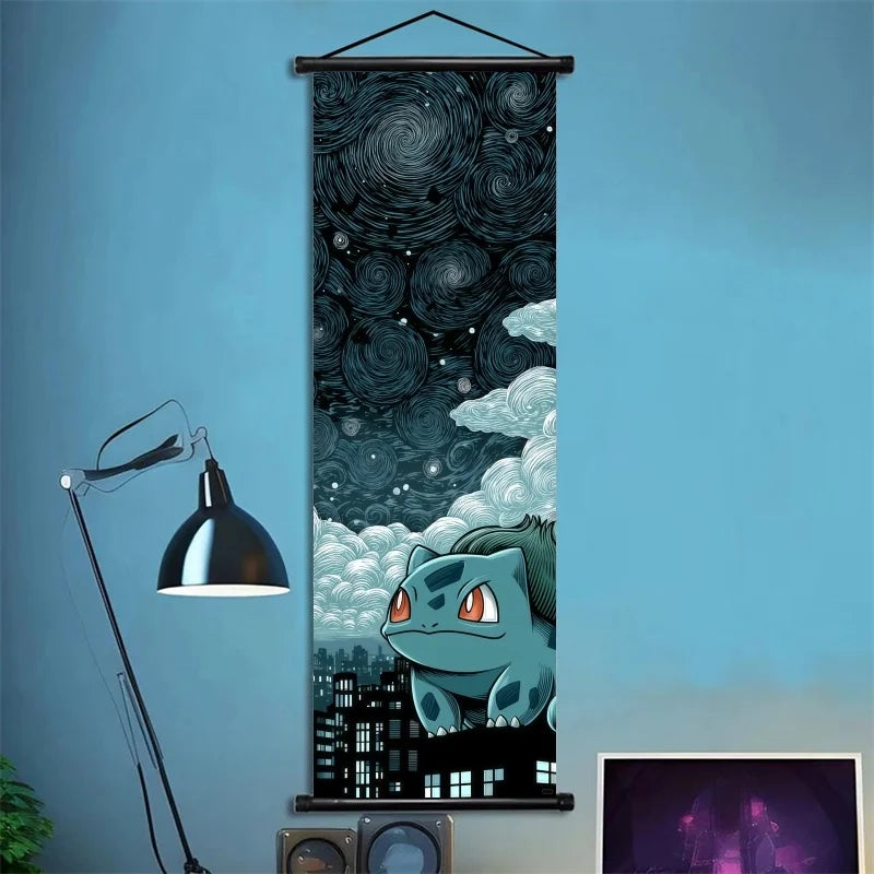 Pokémon Scroll Art Cloth Bulbasaur Pikachu Charmander Starry Night Style Cartoon Wall Hanging Poster Home Collection & Gifts