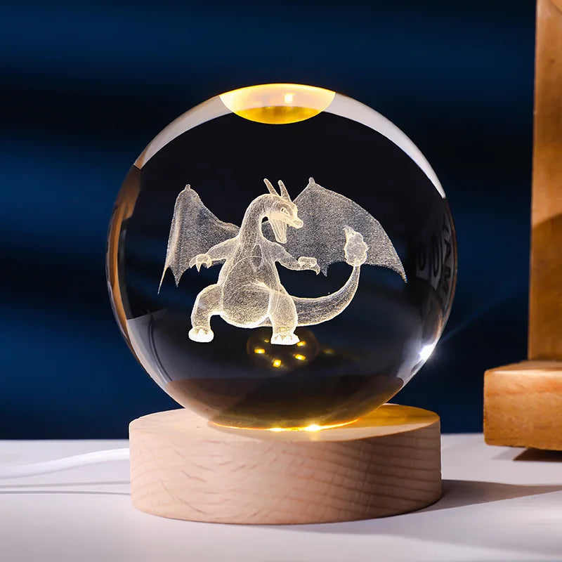 Pokemon 6cm 3D Crystal Ball Gengar Pikachu Rayquaza Planet Night Light Laser Carving Glass Poke Ball Statue Children's Gifts