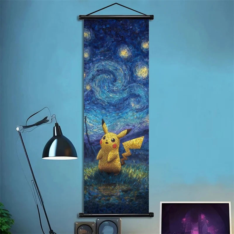 Pokémon Scroll Art Cloth Bulbasaur Pikachu Charmander Starry Night Style Cartoon Wall Hanging Poster Home Collection & Gifts