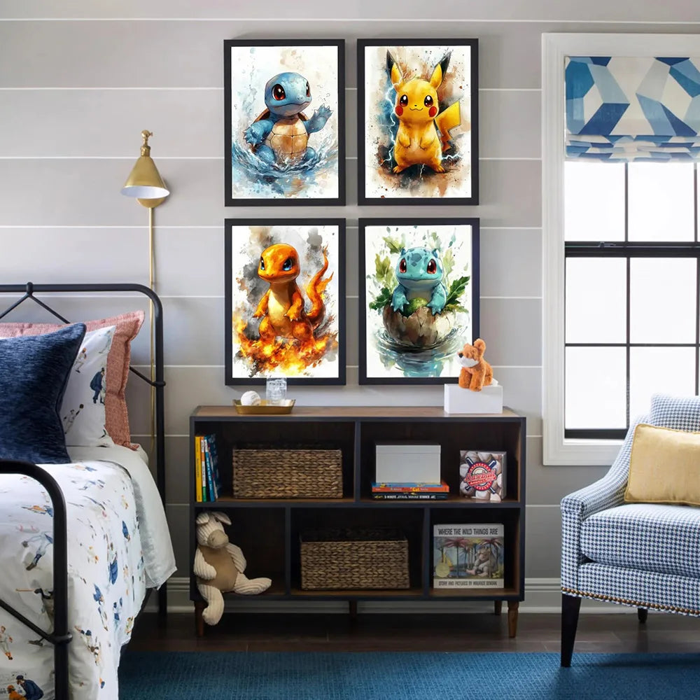 P-Pokemon Japanese Anime Canvas Painting Kawaii Elf Pets HD Poster Retro Bar Noodle Room Living Room Home Mural Decor Kids Gifts