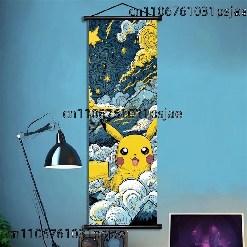 Pokémon Scroll Art Cloth Bulbasaur Pikachu Charmander Starry Night Style Cartoon Wall Hanging Poster Home Collection & Gifts