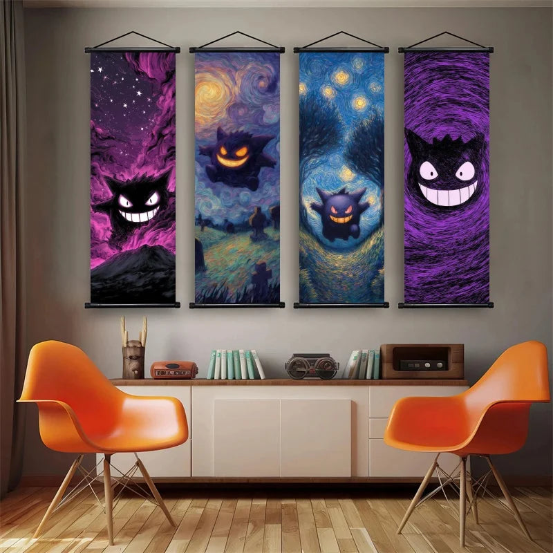 Pokemon Gengar Scroll Art Cloth Anime Characters Wall Hanging Poster Halloween Xmas Decor Fans Collection Home Gifts