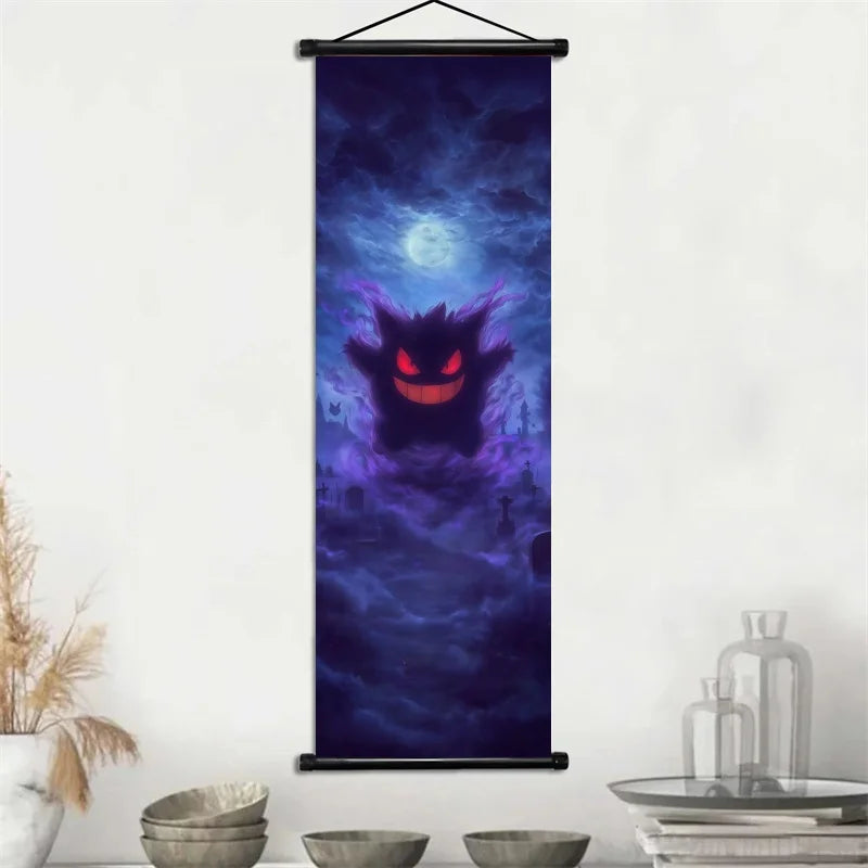 Pokemon Gengar Scroll Art Cloth Anime Characters Wall Hanging Poster Halloween Xmas Decor Fans Collection Home Gifts