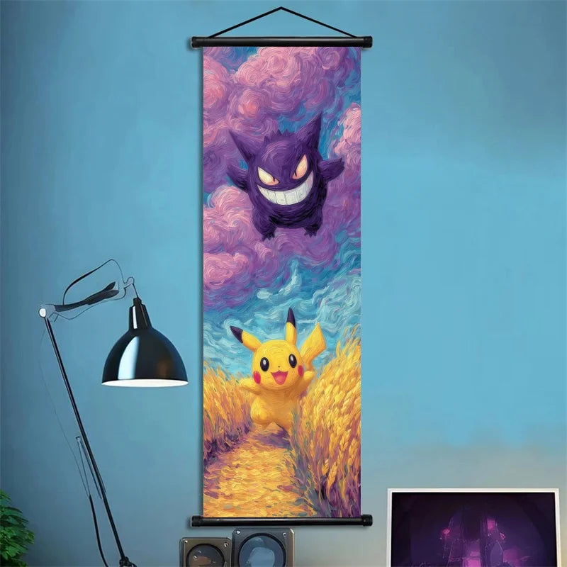Pokémon Scroll Art Cloth Bulbasaur Pikachu Charmander Starry Night Style Cartoon Wall Hanging Poster Home Collection & Gifts