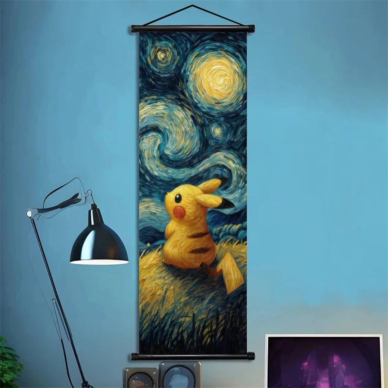 Pokémon Scroll Art Cloth Bulbasaur Pikachu Charmander Starry Night Style Cartoon Wall Hanging Poster Home Collection & Gifts