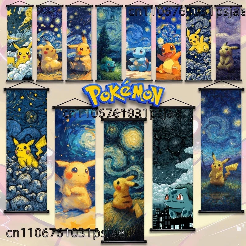 Pokémon Scroll Art Cloth Bulbasaur Pikachu Charmander Starry Night Style Cartoon Wall Hanging Poster Home Collection & Gifts