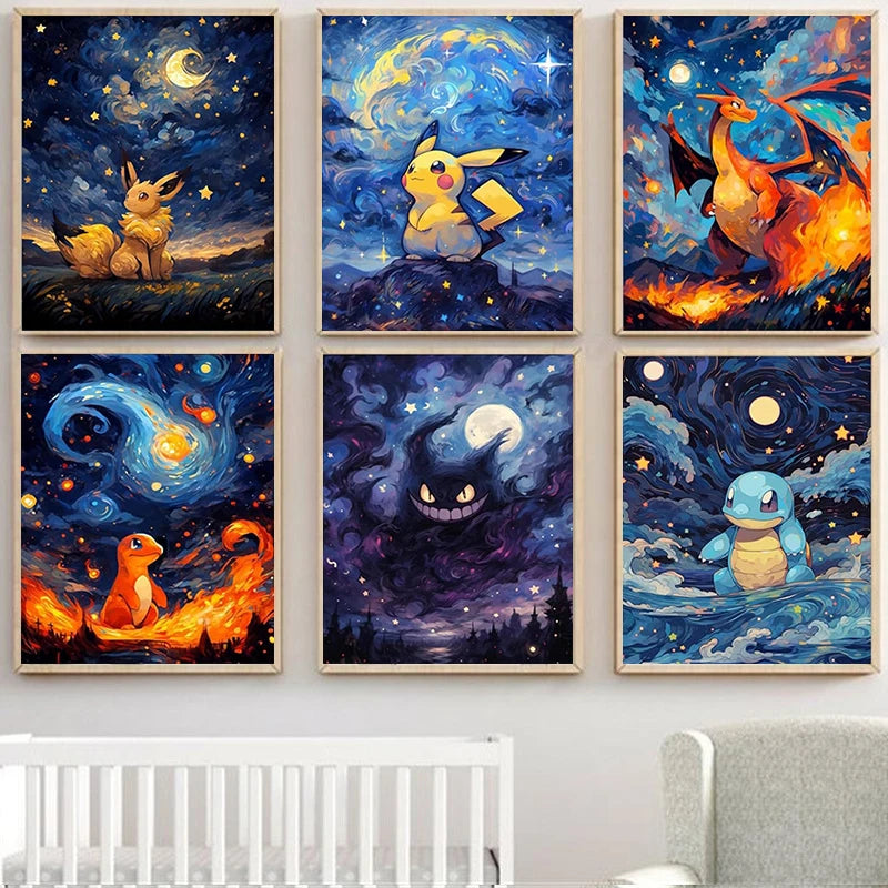 Pokemon Anime Canvas PaintingCharizard Pikachu Gengar Eevee Squirtle Poster Print Mural Picture Wall Art Home Decor Gift Cuadros