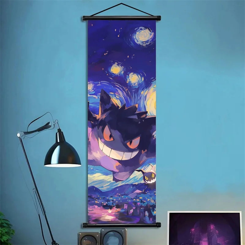 Pokémon Scroll Art Cloth Bulbasaur Pikachu Charmander Starry Night Style Cartoon Wall Hanging Poster Home Collection & Gifts