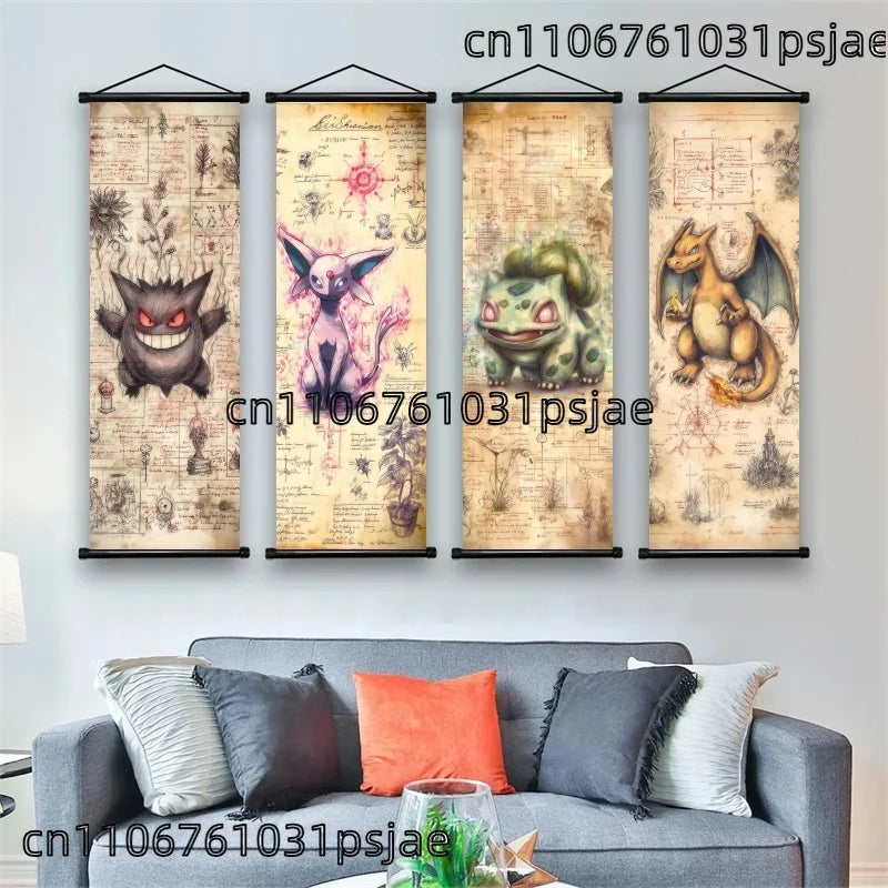 Pokemon Retro Charizard Bulbasaur Umbreon Gengar Scroll Art Cloth Anime Characters Wall Hanging Poster Halloween Xmas Decor