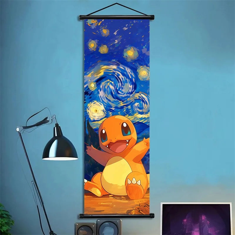 Pokémon Scroll Art Cloth Bulbasaur Pikachu Charmander Starry Night Style Cartoon Wall Hanging Poster Home Collection & Gifts