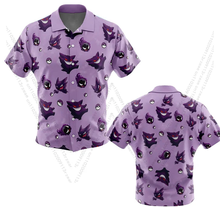 Gengar Pokemon Anime Summer Hawaii Beach Vacation Shirt Men's Punk Y2K Cosplay Print Kids Fashion Casual Fashion Trends Shirt