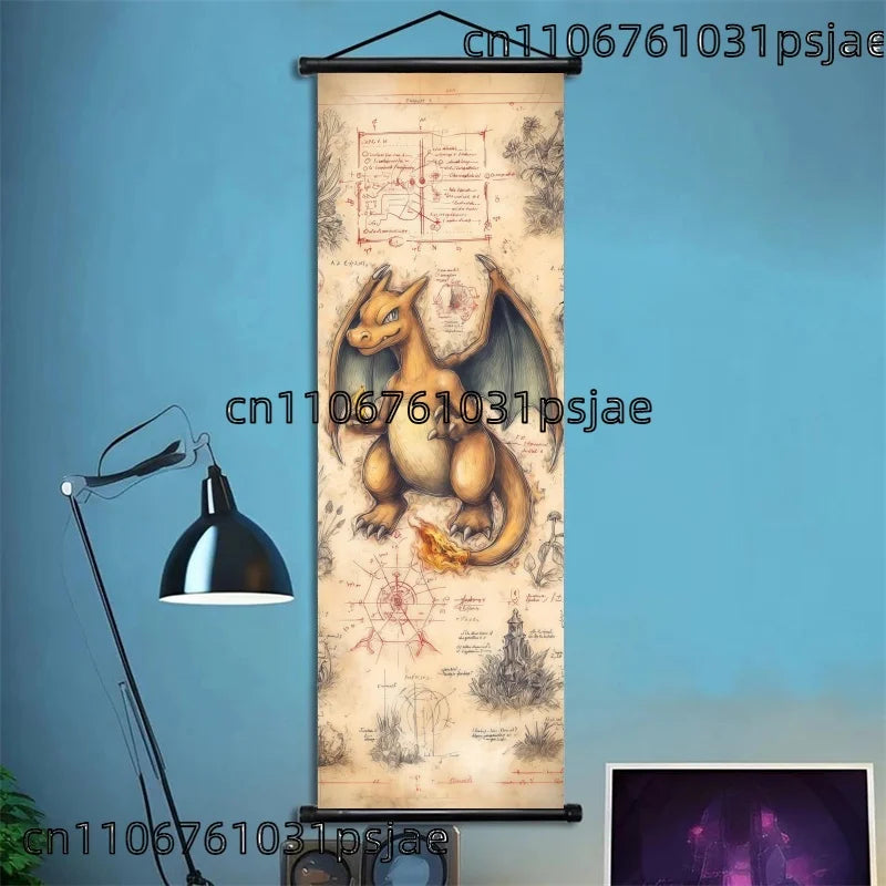Pokemon Retro Charizard Bulbasaur Umbreon Gengar Scroll Art Cloth Anime Characters Wall Hanging Poster Halloween Xmas Decor