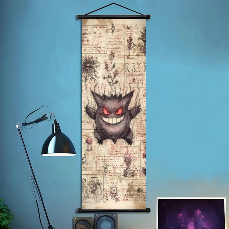 Pokemon Retro Charizard Bulbasaur Umbreon Gengar Scroll Art Cloth Anime Characters Wall Hanging Poster Halloween Xmas Decor
