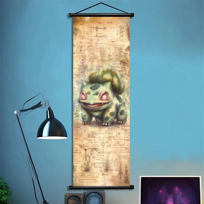 Pokemon Retro Charizard Bulbasaur Umbreon Gengar Scroll Art Cloth Anime Characters Wall Hanging Poster Halloween Xmas Decor
