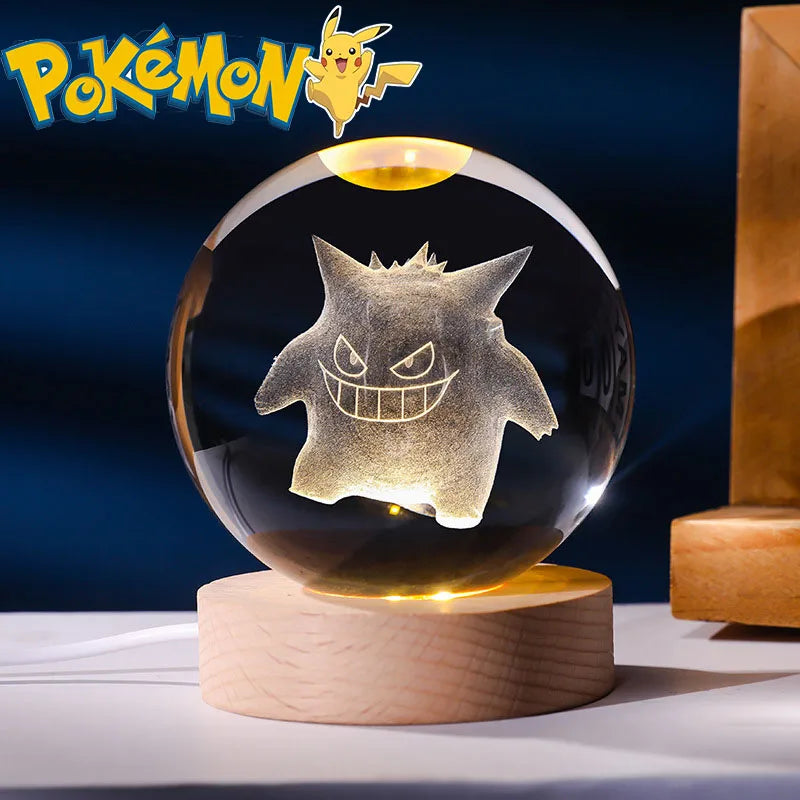 Pokemon 6cm 3D Crystal Ball Gengar Pikachu Rayquaza Planet Night Light Laser Carving Glass Poke Ball Statue Children's Gifts