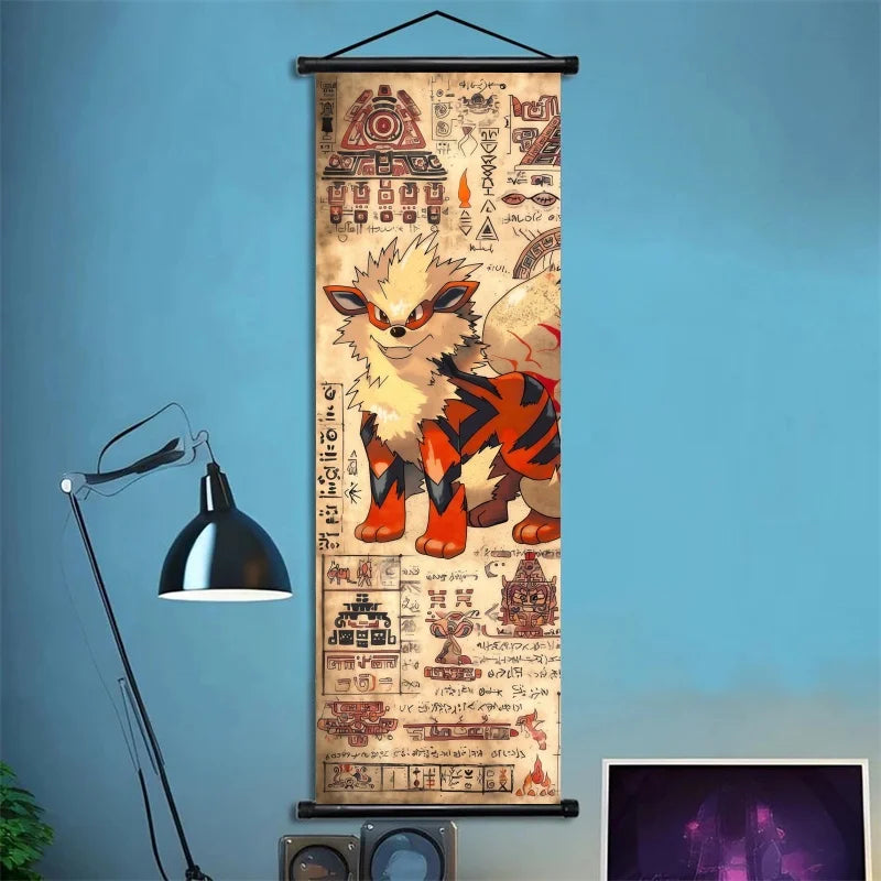 Pokemon Retro Charizard Bulbasaur Umbreon Gengar Scroll Art Cloth Anime Characters Wall Hanging Poster Halloween Xmas Decor