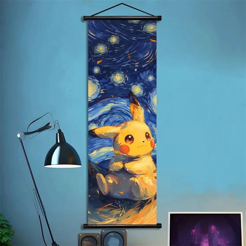Pokémon Scroll Art Cloth Bulbasaur Pikachu Charmander Starry Night Style Cartoon Wall Hanging Poster Home Collection & Gifts