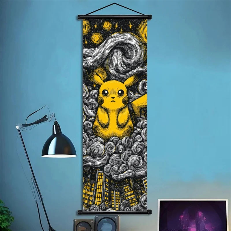Pokémon Scroll Art Cloth Bulbasaur Pikachu Charmander Starry Night Style Cartoon Wall Hanging Poster Home Collection & Gifts
