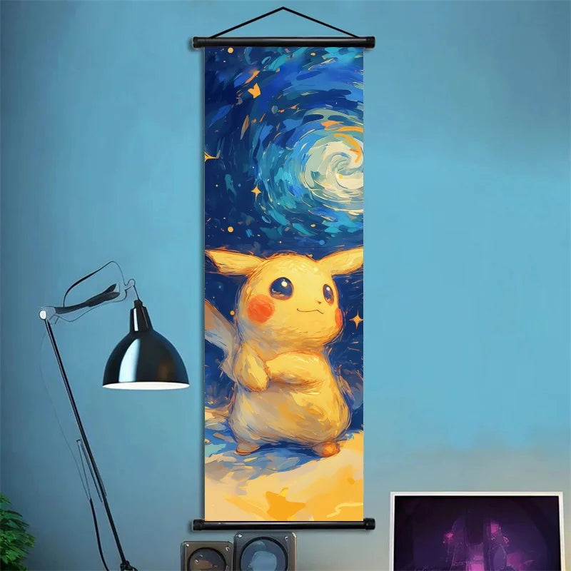 Pokémon Scroll Art Cloth Bulbasaur Pikachu Charmander Starry Night Style Cartoon Wall Hanging Poster Home Collection & Gifts