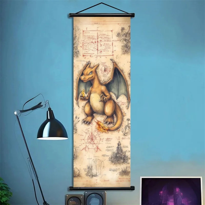 Pokemon Retro Charizard Bulbasaur Umbreon Gengar Scroll Art Cloth Anime Characters Wall Hanging Poster Halloween Xmas Decor