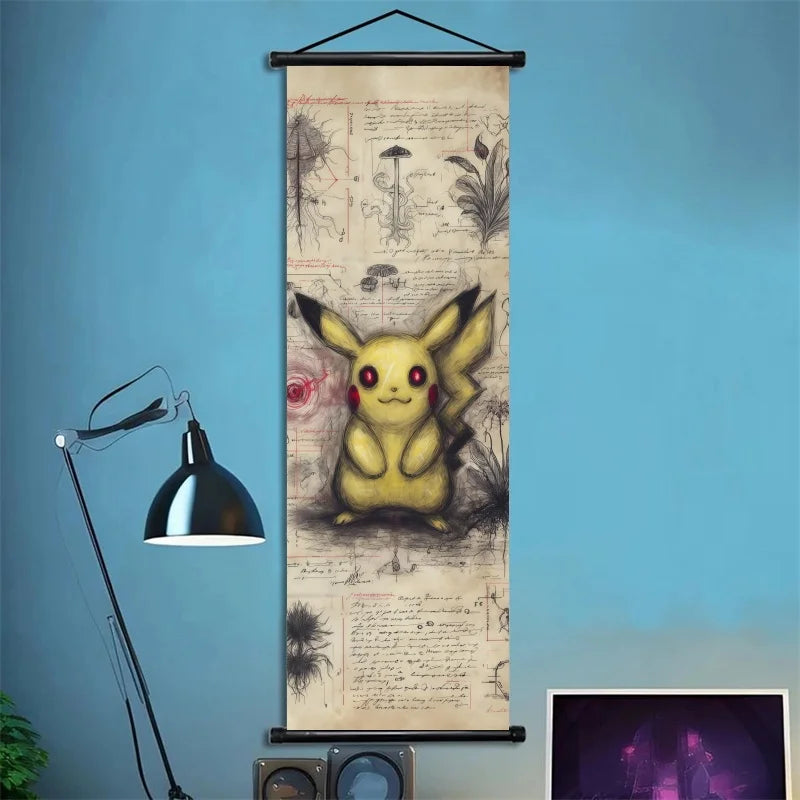Pokemon Retro Charizard Bulbasaur Umbreon Gengar Scroll Art Cloth Anime Characters Wall Hanging Poster Halloween Xmas Decor
