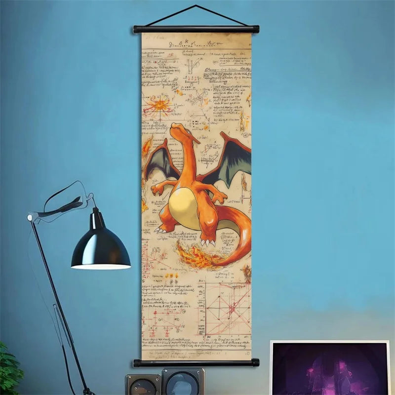 Pokemon Retro Charizard Bulbasaur Umbreon Gengar Scroll Art Cloth Anime Characters Wall Hanging Poster Halloween Xmas Decor
