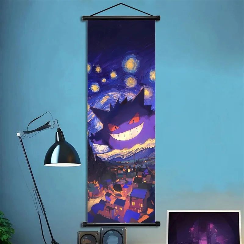 Pokémon Scroll Art Cloth Bulbasaur Pikachu Charmander Starry Night Style Cartoon Wall Hanging Poster Home Collection & Gifts