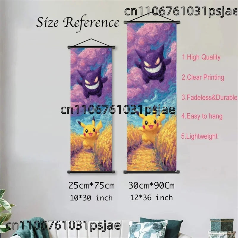 Pokémon Scroll Art Cloth Bulbasaur Pikachu Charmander Starry Night Style Cartoon Wall Hanging Poster Home Collection & Gifts