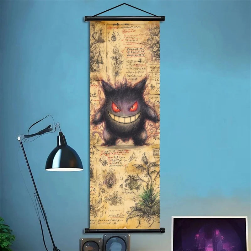 Pokemon Retro Charizard Bulbasaur Umbreon Gengar Scroll Art Cloth Anime Characters Wall Hanging Poster Halloween Xmas Decor