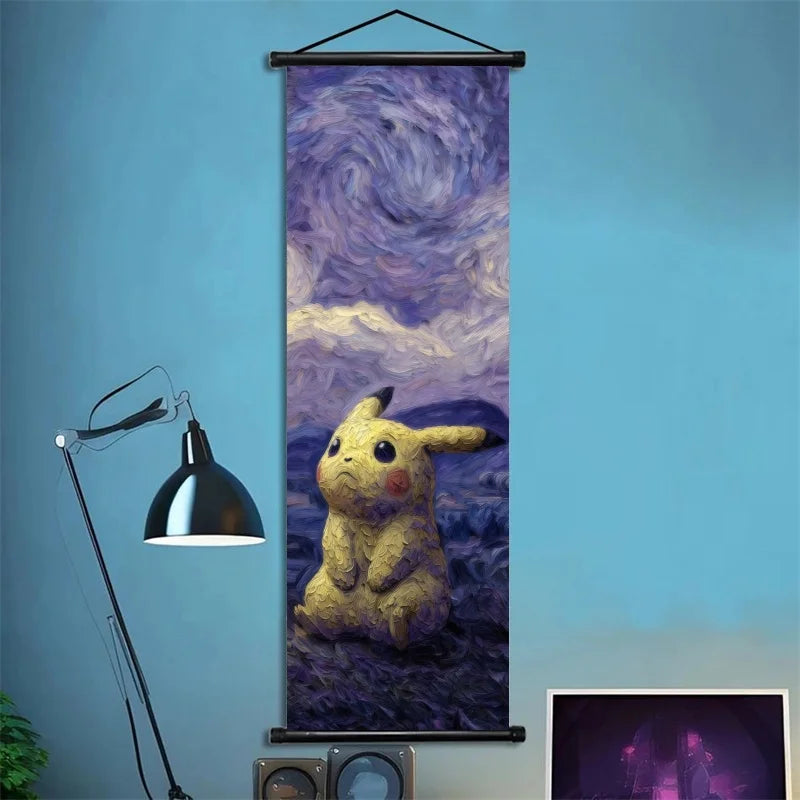 Pokémon Scroll Art Cloth Bulbasaur Pikachu Charmander Starry Night Style Cartoon Wall Hanging Poster Home Collection & Gifts