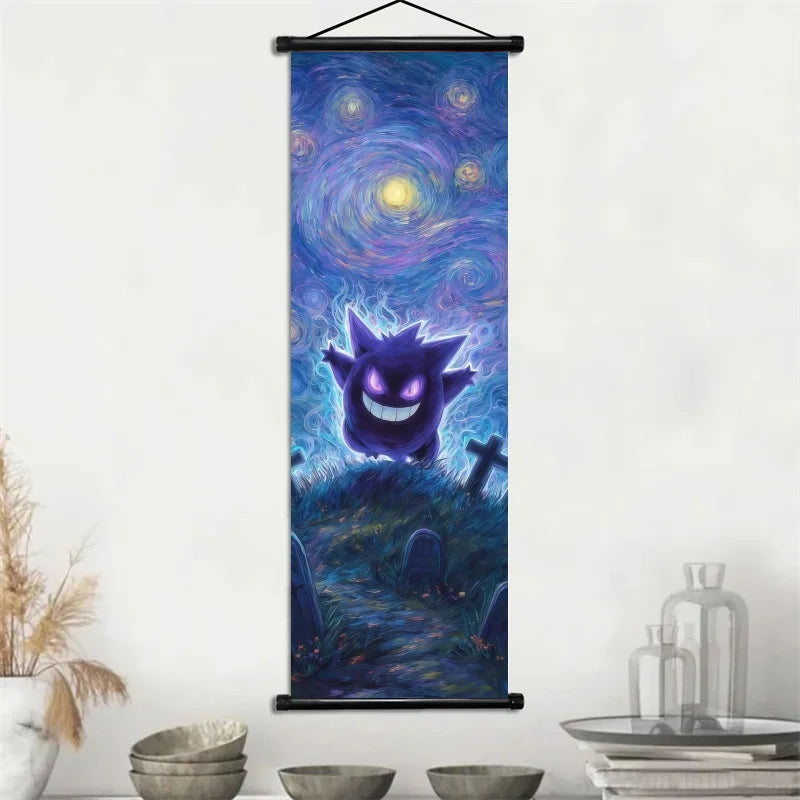 Pokemon Gengar Scroll Art Cloth Anime Characters Wall Hanging Poster Halloween Xmas Decor Fans Collection Home Gifts