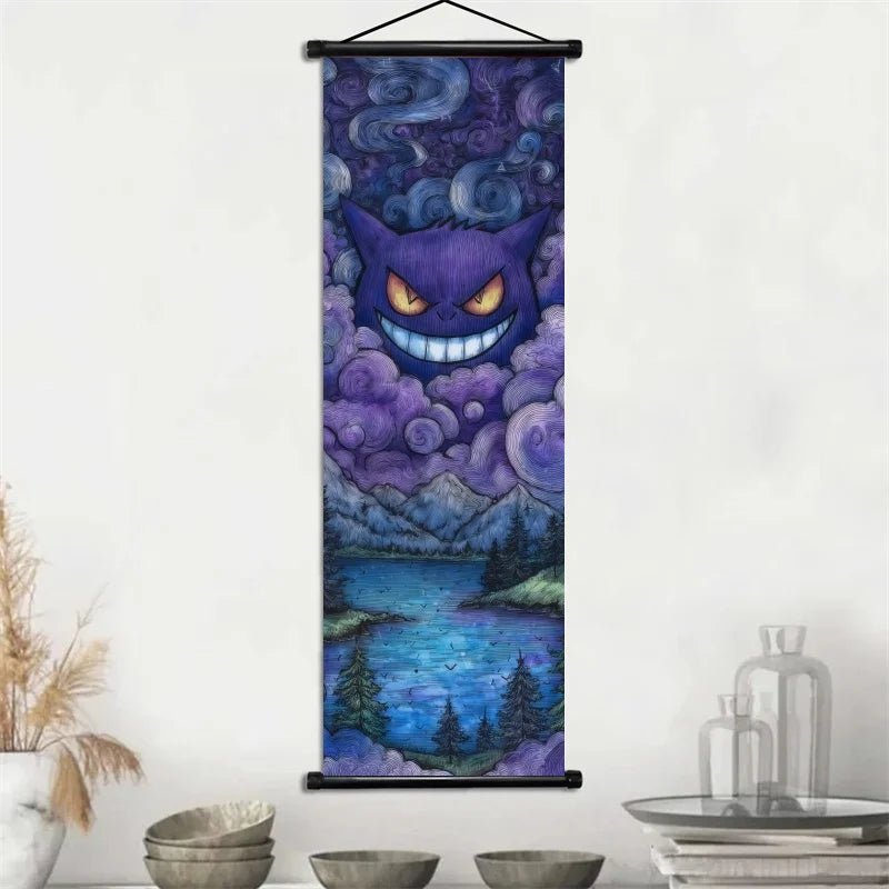 Pokemon Gengar Scroll Art Cloth Anime Characters Wall Hanging Poster Halloween Xmas Decor Fans Collection Home Gifts