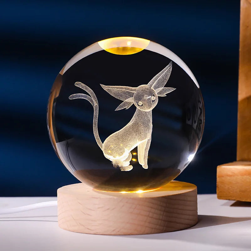 Pokemon 6cm 3D Crystal Ball Gengar Pikachu Rayquaza Planet Night Light Laser Carving Glass Poke Ball Statue Children's Gifts