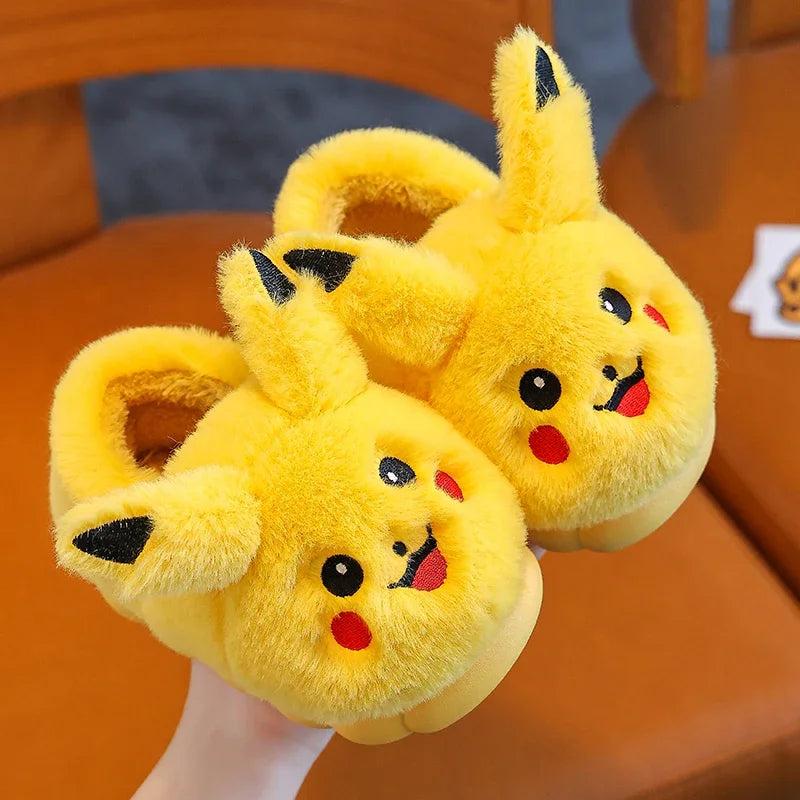 Pokemon Anime Pikachu Autumn/Winter Children'S Cute Flat Plush Slippers Soft Sole Non-Slip Warm Indoor Home Cotton Shoes Gifts